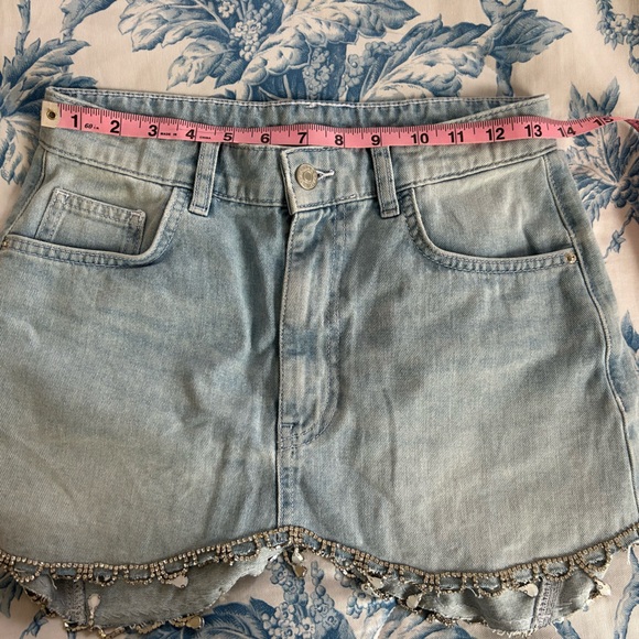 Bershka Light Wash Denim Mini Skirt with Rhinestone Fringe - Picture 8 of 9